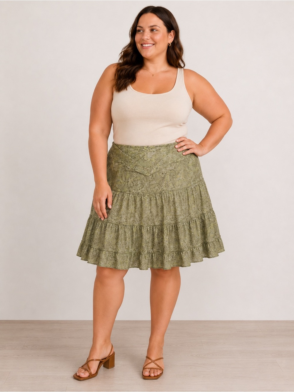 Christopher & Banks Green paisley Tiered flowy A-Line Skirt. Cottagecore,peasant